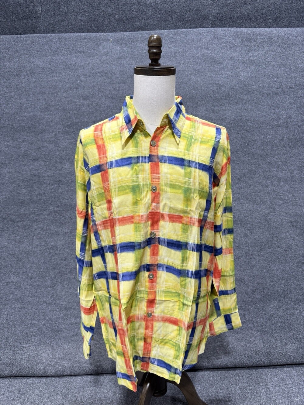 Koko Classic XL Plaid Button Front Shirt Yellow Multicolor Long Sleeve